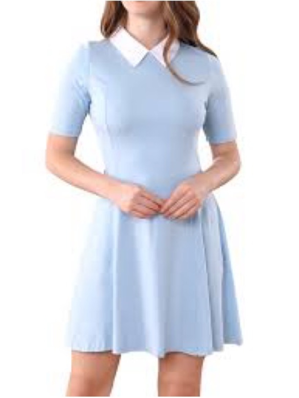 Light Blue Midi Fit-and-Flare Dress with White Pointed Collar